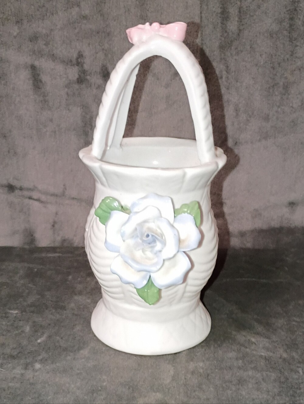 Vintage White Porcelain Floral Basket with Pink Bow 7 In